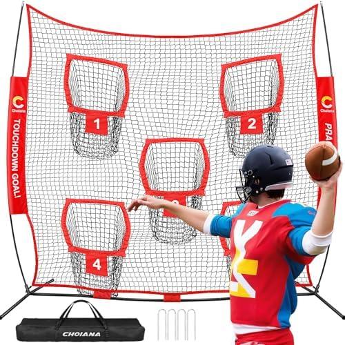 Choiana Football Throwing Net, Quarterback Training Equipment w/ 5 Target Pockets, Football Practice Training Target Net to Improve QB Throwing Accuracy, w/Carry Bag & Stakes for Kids Adults, Red