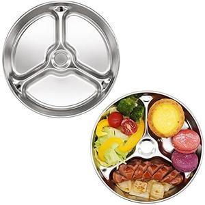 Korean Stainless Steel Divided Round Plates, Little Kids Toddlers Babies Tray, BPA Free, Diet Control, Camping Dishes, 8 Inch Compact Serving Platter, 3 Compartment Plate, Set of 2