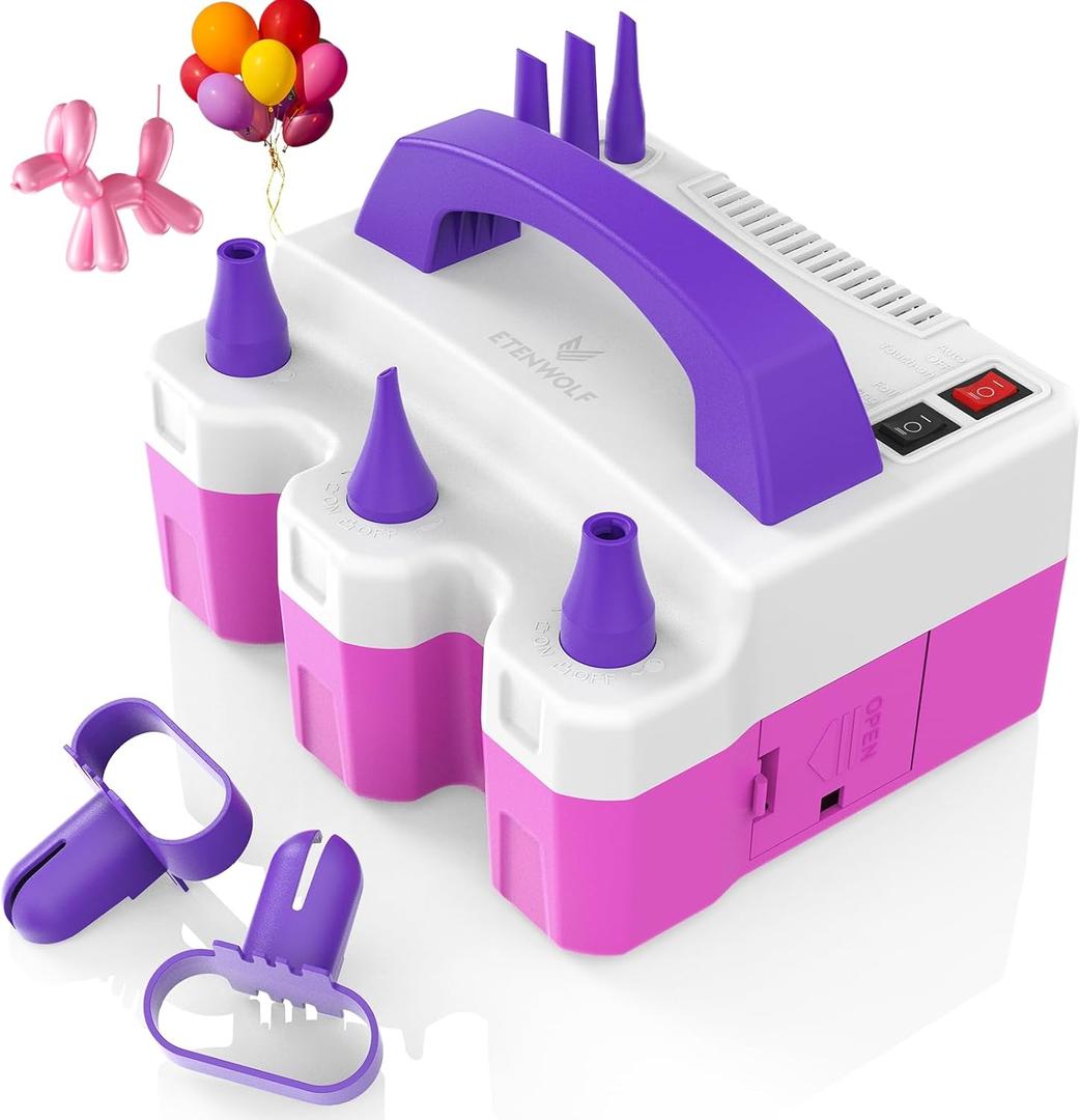ETENWOLF P600 Electric Balloon Pump for All Balloons with 3 Nozzles 110V 600W Balloon Blower for Party Metalic Latex 260q Foil Balloons, Balloon Inflator for Birthday Decorations (Purple)