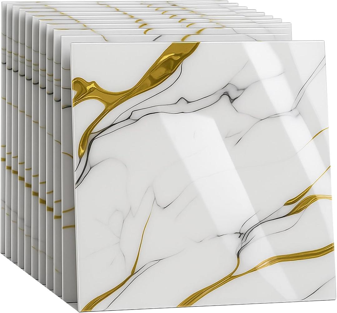 Peel and Stick Kitchen Backsplash Tiles 16PCS Waterproof Self Adhesive Wall Stickers for Kitchen, Easy DIY Stick On Tile Backsplash, Heat Resistant Decorative Wall Covering (White and Gold), 11.8" x 11.8" x2.5MM x 16Pack