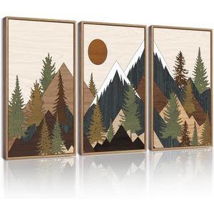 KUVIOKE Morden Mountains Framed Wall Art Boho Pine Tree Forest Nature Landscape Artwork Bohemain Farmhouse Rustic Bedroom Living Home Decor 16x24in (Natural Framed) (Wooden Mountain Sunrise)