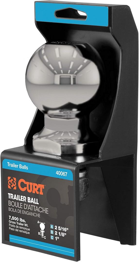 CURT 40084 Stainless Steel Trailer Hitch Ball, 7,500 lbs, 2-5/16-Inch Diameter, 1 x 2-1/8-Inch Shank