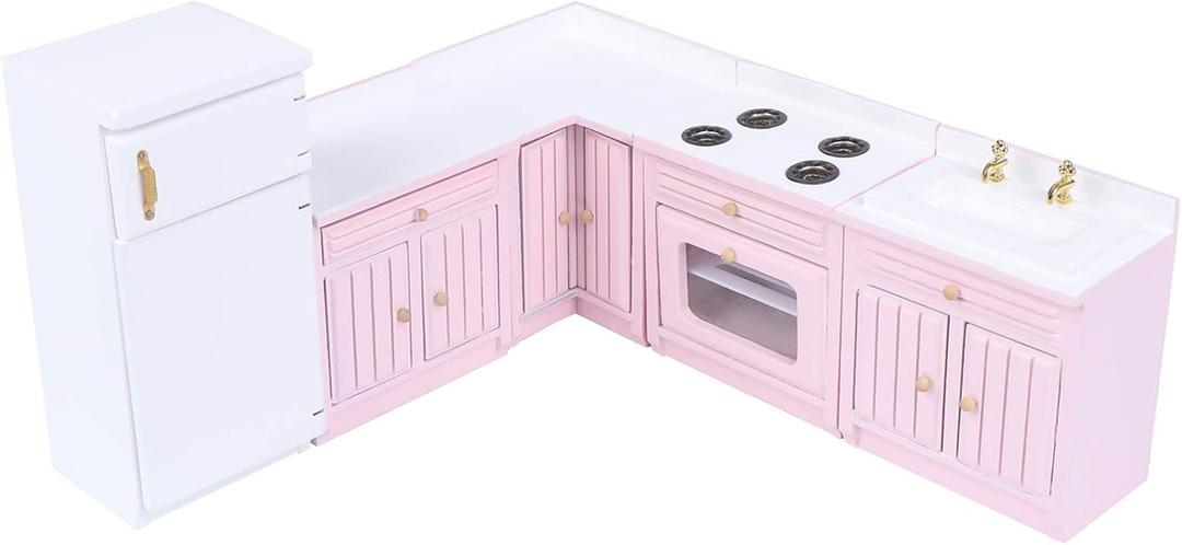 Dollhouse Kitchen Furniture Kit 1:12 Dollhouse Miniature Wooden Kitchen Cabinet Fridge Set Dining Room Furniture for 1:12 Doll House Miniatures Scenes Accessories