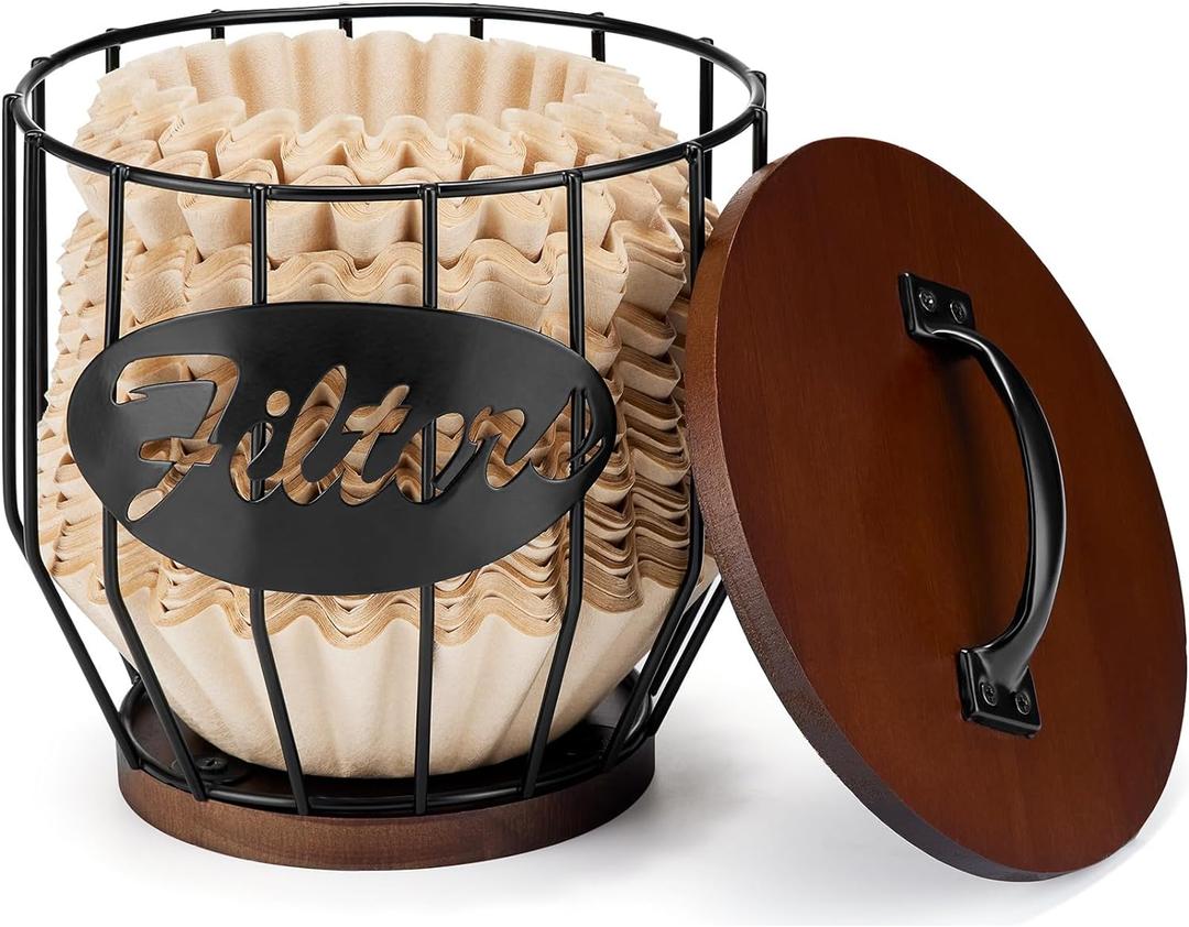 Yangbaga 8-12 Cup Coffee Filters Holder with Wood Lid,Large Capacity Coffee Filter Storage Canister Container Basket,Black Wire K Cup Storage Basket,Coffee Bar Accessories decor (6.16.3in)