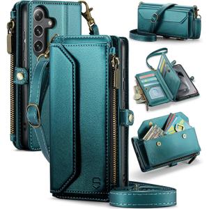 Wallet Case Compatible with Samsung Galaxy S25 Plus RFID Blocking Card Holder Soft PU Leather Magnetic Snap Strap Zipper Pocket Phone Case Fit for Galaxy S25+/ S25 Plus - Blue Green