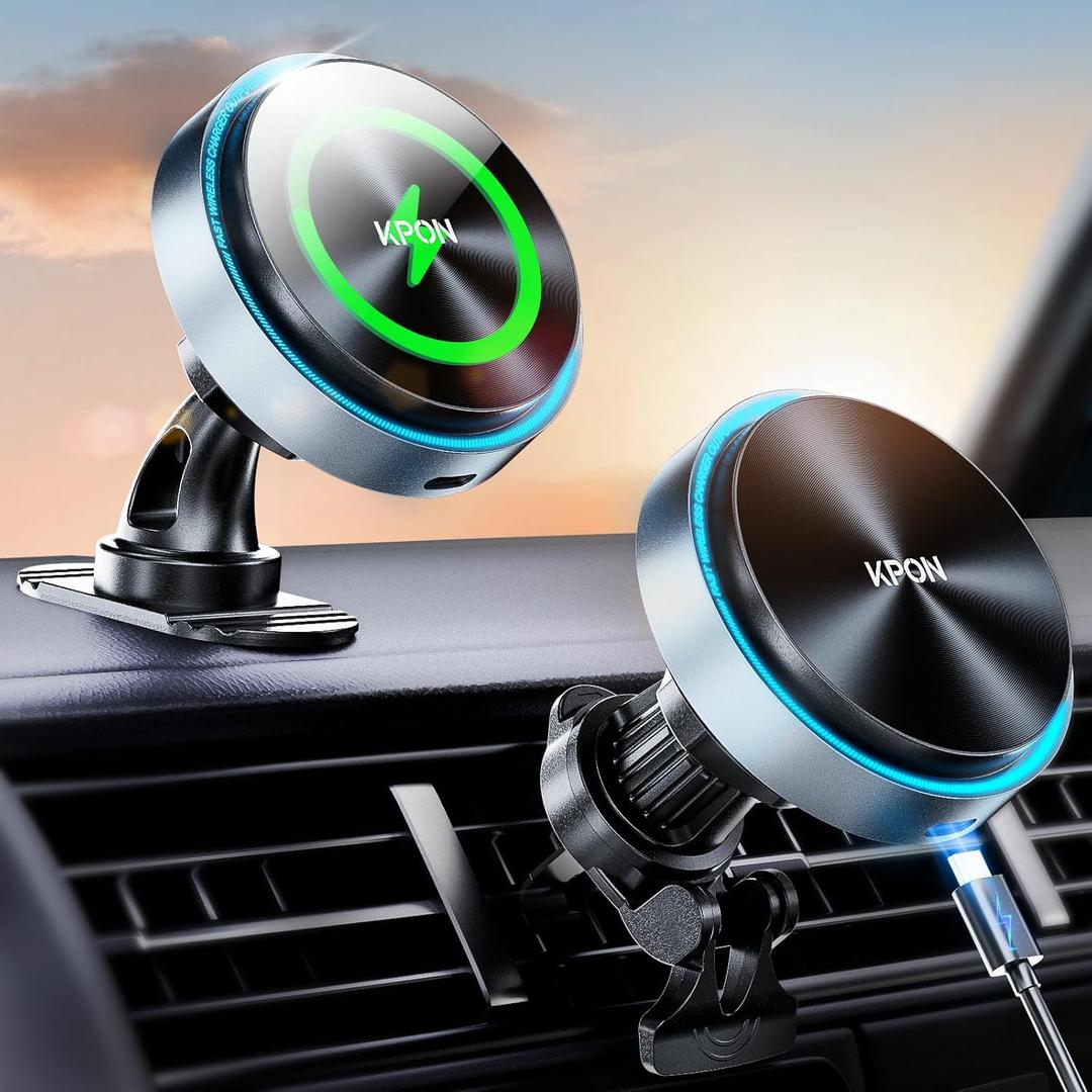 KPON for Magsafe Car Charger Mount, 15W Fast Charging LED 2in1 Magnetic Wireless Car Magsafe Charger for iPhone, Wireless Phone Charger for Car Fits iPhone 16 15 14 13 12,Samsung with MagSafe Case (Gray)