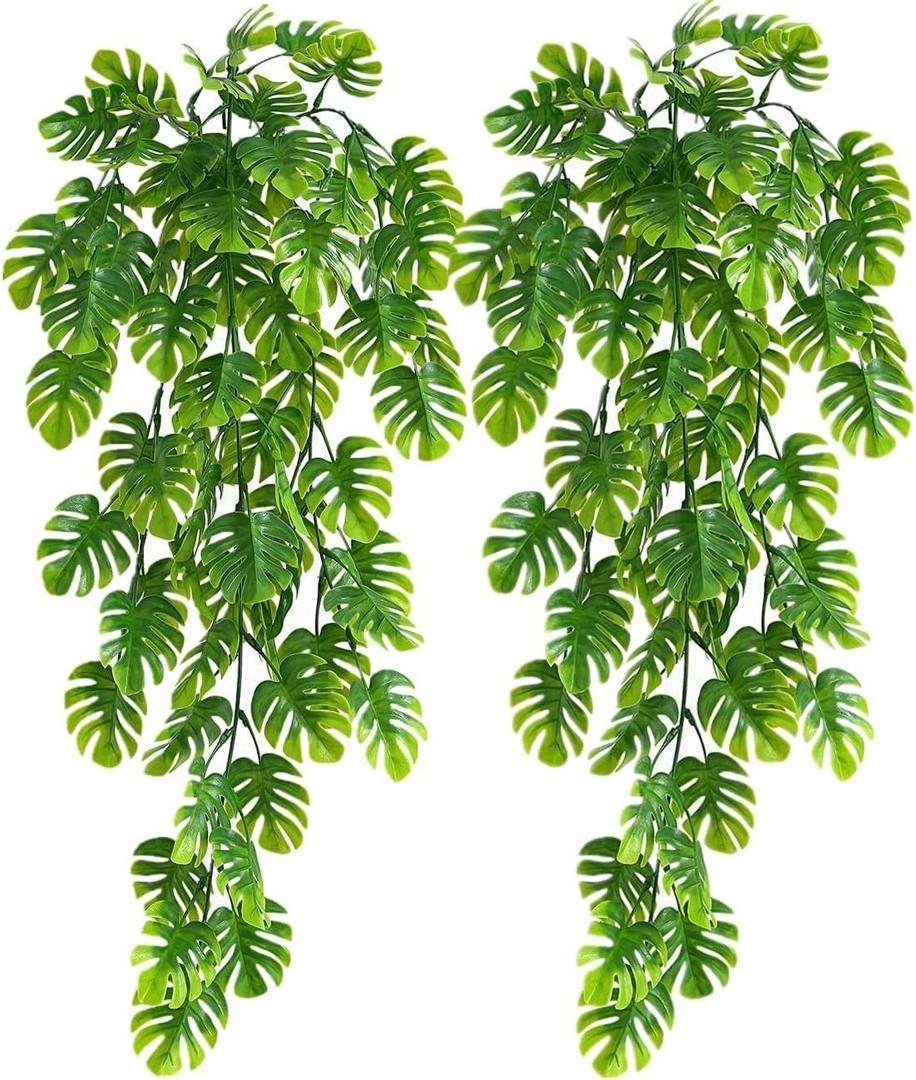 RECUTMS Artificial Hanging Plants 2 Pack, Fake Monstera Leaves Ivy Vine Faux Greenery UV Resistant Outdoor Tropical Palm Leaf Plant for Garden Home Jungle Hawaiian Luau Party Spring Summer Dcor