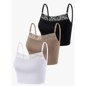 Bencailor 3 Pieces Lace Camisole Crop Top Lace Half Cami Breathable Basic Cami Spaghetti Tank Top for Women, L
