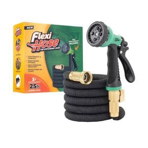 Flexi Hose Expandable Garden Hose with 8 Function Nozzle, 25FT - Lightweight Retractable Garden Hose, Water Hose - No-Kink Flexibility, 3/4 Inch Solid Brass Fittings and Double Latex Core