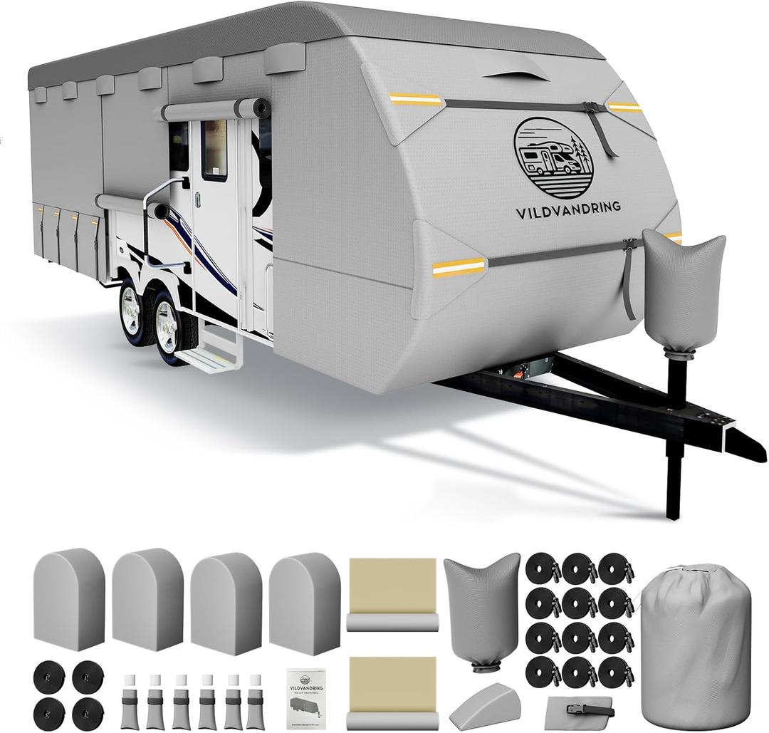 Travel Trailer RV Cover 35-38ft, Multi-Layer Breathable Rip-Stop Camper Cover with Water-Resistant Coating, Repair Kit, Gutter Protection, Tire Straps