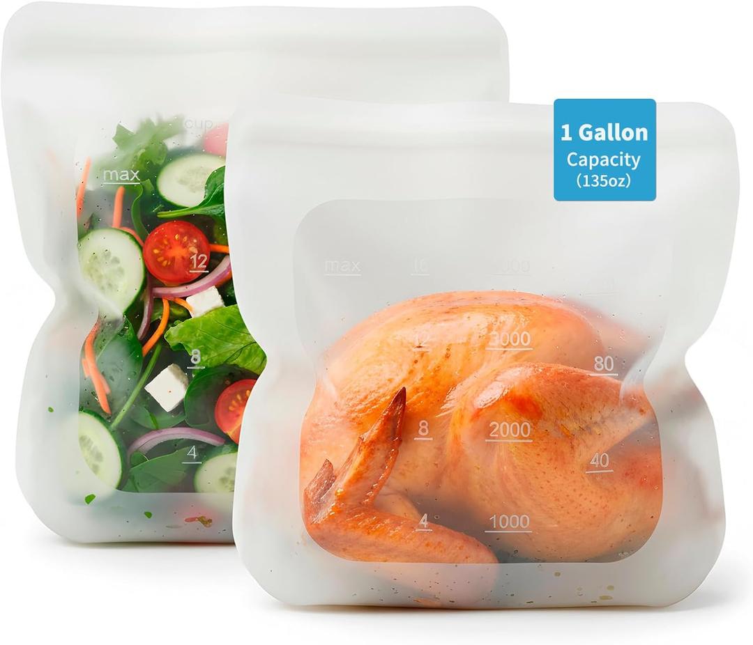 Reusable Premium Silicone Food Storage Gallon Bag 135oz,XXL - 2 PCS Food Storage Bag, Freezer Container, Sous Vide, Kitchen Organization, And Meal Prep Bags Microwave, Dishwasher, Oven Safe, BPA Free (Translucent | Gallon-Size | 2 Pack)