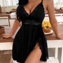 BemorRun Sexy Night Gowns for Woman Sexy Sleepwear Lace Chemise V-Neck Babydoll Lingerie Slip Nightie with Side Slits (Black, XL)