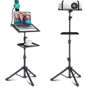Lusweimi Projector Tripod Stand, 50 Laptop Stand with 2 Shelves for Projector, iPad, DJ Equipment, Portable Adjustable Floor Stand with Gooseneck Phone Holder for Office, Home, Stage or Studio