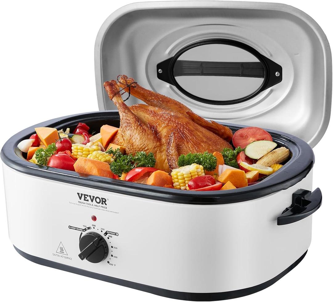 VEVOR Electric Roaster Oven, 22 QT Turkey Roaster with Self-Basting Lid, 1450W Roaster with Defrost & Warm Function, Adjustable Temp, Removable Pan & Rack, Fits Turkeys Up to 26LBS, White