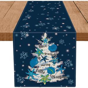 Coastal Christmas Decorations Table Runner Christmas Tree Snow Starfish Shell Ocean Beach Themed Winter Xmas Kitchen Dining Home Decor 13x60 Inch