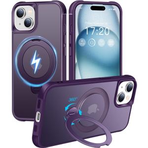 HuwaiH 360 Rotatable Magnetic Ring Stand for iPhone 15 Case, Compatible with MagSafe, Military-Grade Shockproof, Anti-Scratch Matte Translucent Phone Case for iPhone 15(Purple)