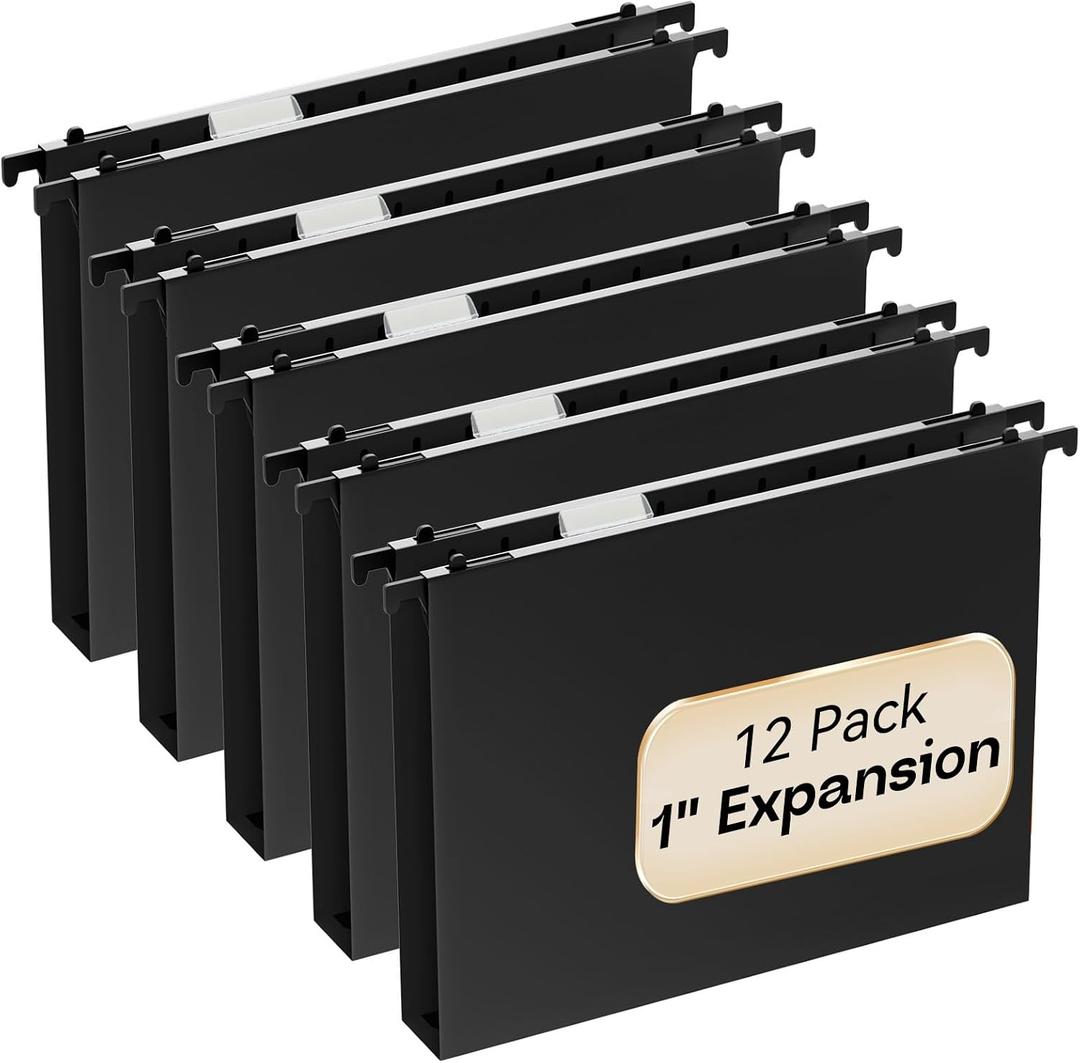 Nordun Plastic Hanging File Folders Letter Size, 12 Pack Reinforced Black Hanging Folders with Heavy Duty 1 Inch Expansion, Hanging File Folders with Tabs, Durable File Cabinet Folders