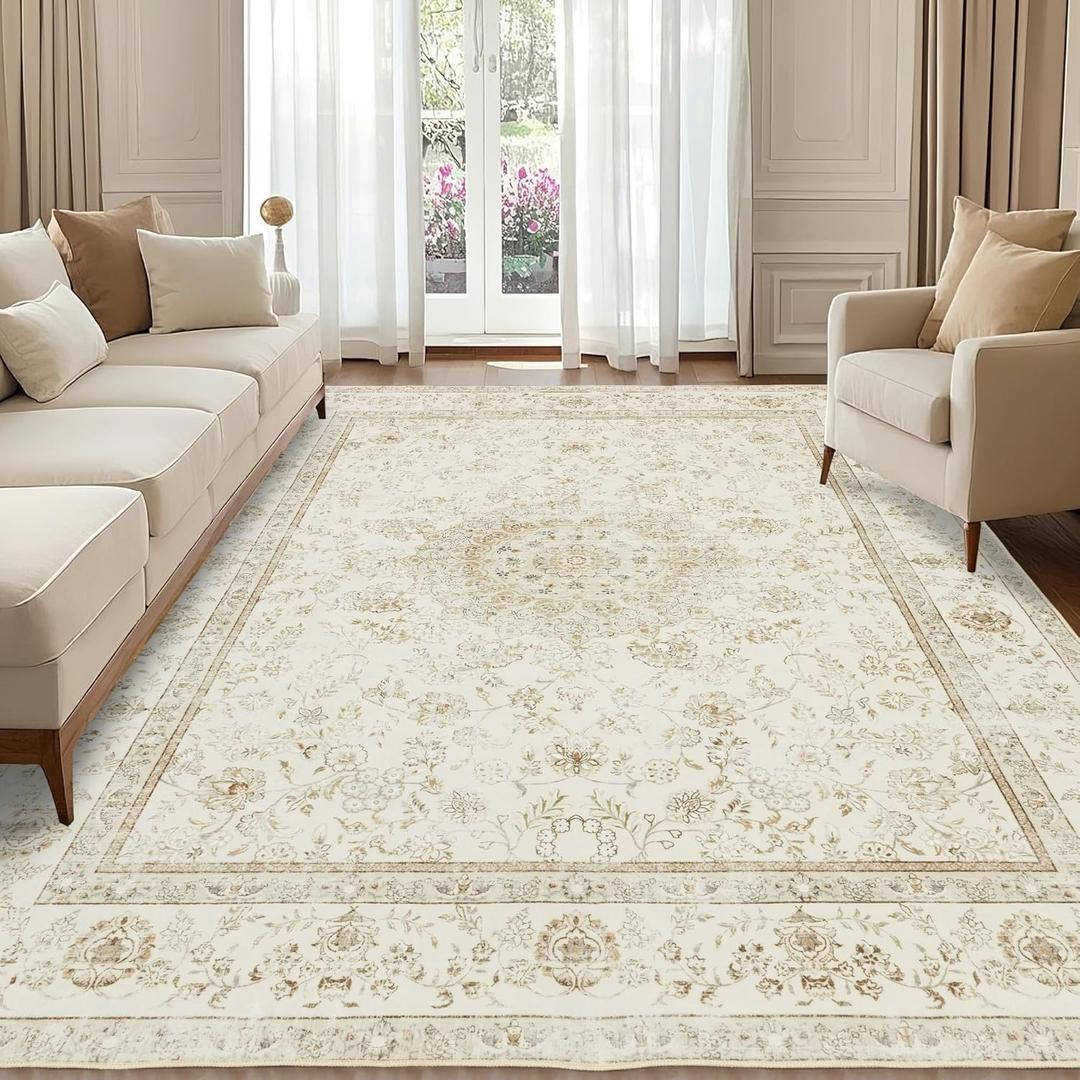 Washable Area Rug 8x10: Boho Vintage Cream Rugs for Living Room Bedroom - Soft Non Slip Stain Resistant Carpet Indoor - Beige Floral Medallion Design (8' x 10' (Rectangular), Beige Cream)