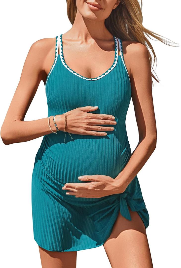 Summer Mae Ribbed Maternity One Piece Swim Dress Pregnancy Swimsuit with Built-in Bottom Swimwear Tie Knot Skirt Bathing Suit (6-8, Turquoise)