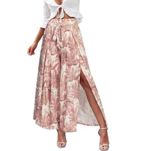 Simplee Women's Wide Leg Palazzo Summer Pants Casual Side Split Belted Waist Striped Floral Boho Flowy Beach Resort Outfits Pink Floral, Small