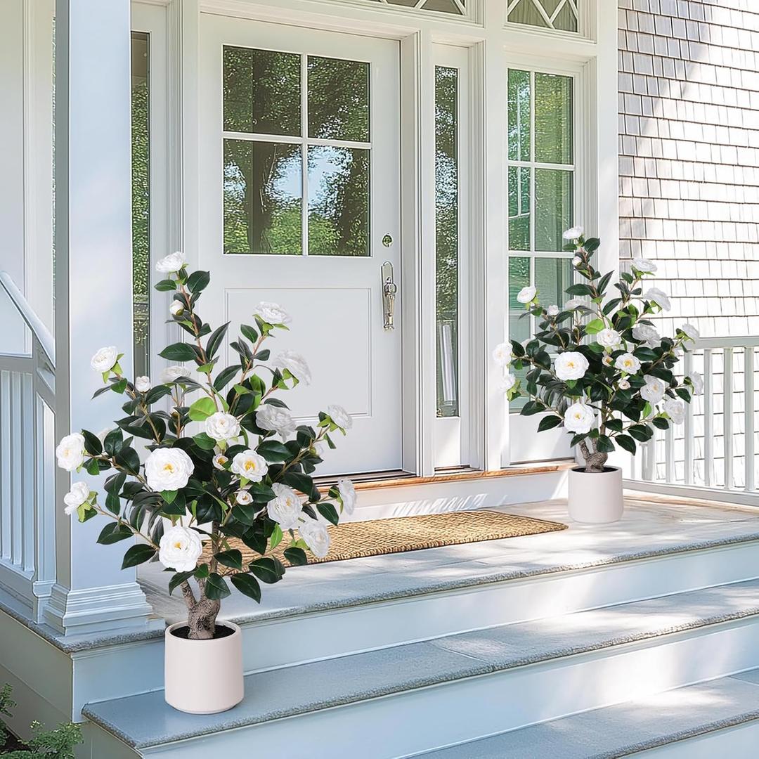 2 pcs Pack Artificial Camellia Tree with White Planter - 39 inch Tall Fake Tree,3.2 Ft Artificial Plants Indoor & Outdoor Housewarming Gift