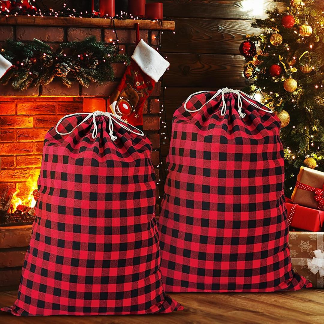 2PCS 35''x55'' Jumbo Christmas Drawstring Gift Bags, Santa Bags Extra Large, Buffalo Plaid Christmas Gift Bags Santa Sack with Drawstring,Heavy Xmas Bags for Xmas Holiday Gift Giving and Party Decor (Red and Black Grid)