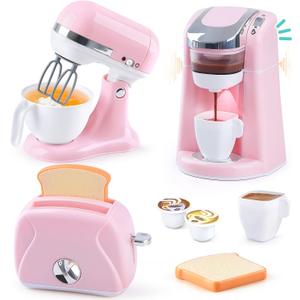 Play Kitchen Appliances Toys - Kids Kitchen Playset Accessories, Pretend Play Toy Sets with Coffee Maker, Mixer, Toaster with Realistic Lights & Sounds, Gifts for Toddler Girls Ages 2 3 4 5 6 7