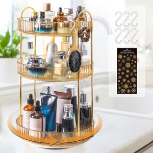 Makeup Organizer for Vanity,360 Rotating Large Skincare Make Up Storage Perfume Organizers Cosmetic Dresser Organizer Countertop Organizer with Extra Hooks DIY Stickers for Bathroom
