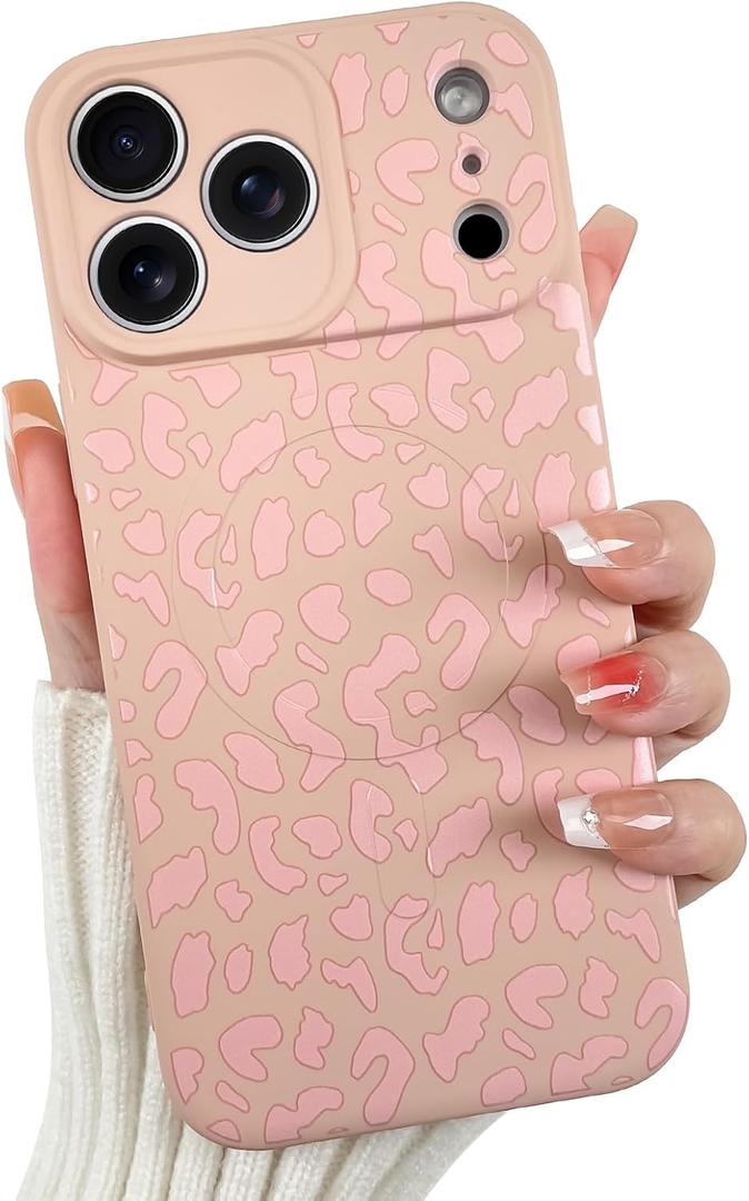 OOK Magnetic for iPhone 17 Pro Case, Silicone Pink Leopard Cute Pattern, Compatible with MagSafe Cheetah Print Camera Protection Shockproof Slim Phone Case for 6.3inch, Pink