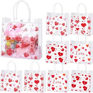 Hosuly 24 Pcs Valentines Clear Gift Bags Reusable Heart PVC Tote Bags with Handles Plastic Valentines Day Candy Treat Goodie Handbags for Wedding Birthday Party Favors Supplies, 7.8 x 7.8 x 3.1 Inch