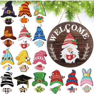 Qunclay Interchangeable Wooden Gnome Decor Holiday Seasonal Gnome Decorations with Magnet Pieces and Detachable Hats Changeable Welcome Sign for Home(Attractive Style)