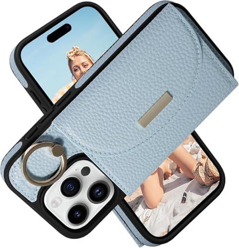 Keallce Wallet Case for iPhone 16 Pro Max 6.9'', Flip Case with Card Slots, Ring Holder Kickstand, PU Leather Protective Folio Cover for Women, Blue