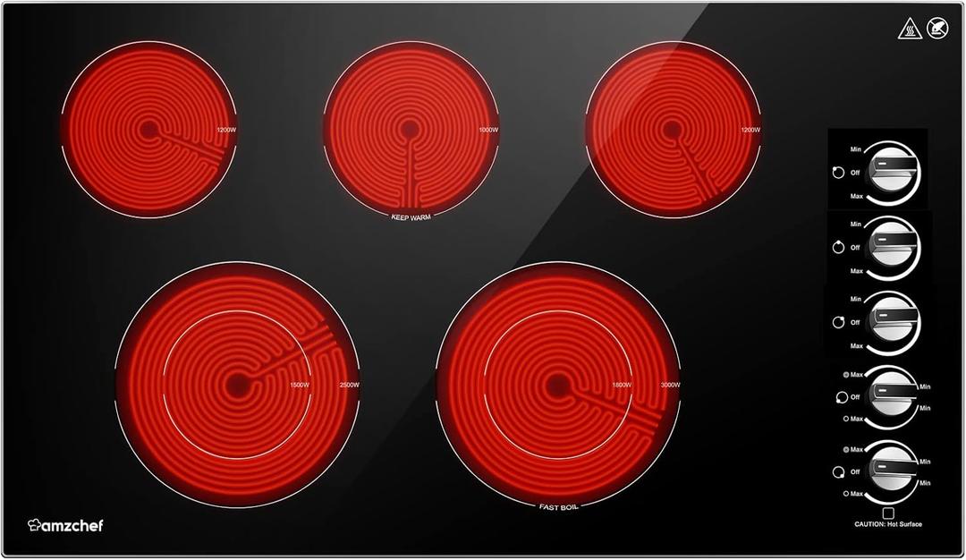 AMZCHEF Electric Cooktop 36 inch Built-in Stove with 5 Burners,8900W Power Control by Knob,Ceramic Electric Stove with Hot Surface Indicator,220V-240V