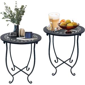 Metal Round Side Table, 2 Pack 14 Inch Bedside Table for Living Room, Weather Resistant Black Metal Outdoor Side Table for Patio Balcony Yard Porch Garden, Plant Stand for Indoor Outdoor Use (Set of 2)