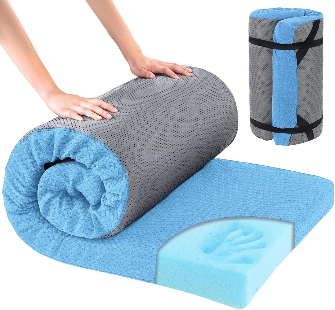 HOMBYS Memory Foam Camping Mattress Pad,Portable Sleeping Pad for Adult,Waterproof Cot Mattress,Roll Up Floor Mattress,Foldable Backpacking Travel Bed for Hiking,Guest Bed (Blue)