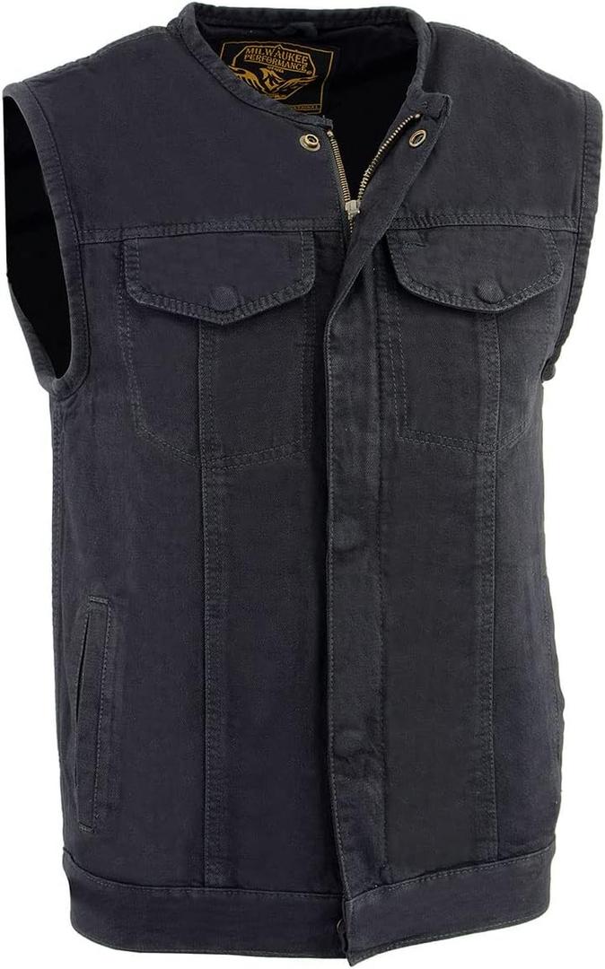 Milwaukee Leather MDM3001 Men's 'Covert' Black Denim Collarless Club Style Motorcycle Biker Vest w/Dual Closure (Black, XXXL)