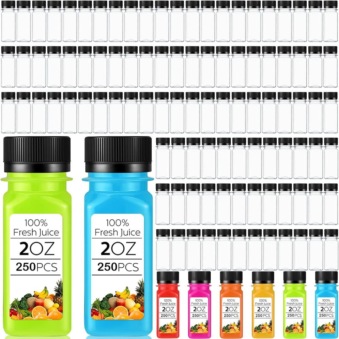 Sliner 250 Pcs 2oz Clear Plastic Bottles Mini Juice Bottle with Screw Lid Small Empty Reusable Liquid Vial Freezer Beverage Container Leak Proof for Juice Milk Water
