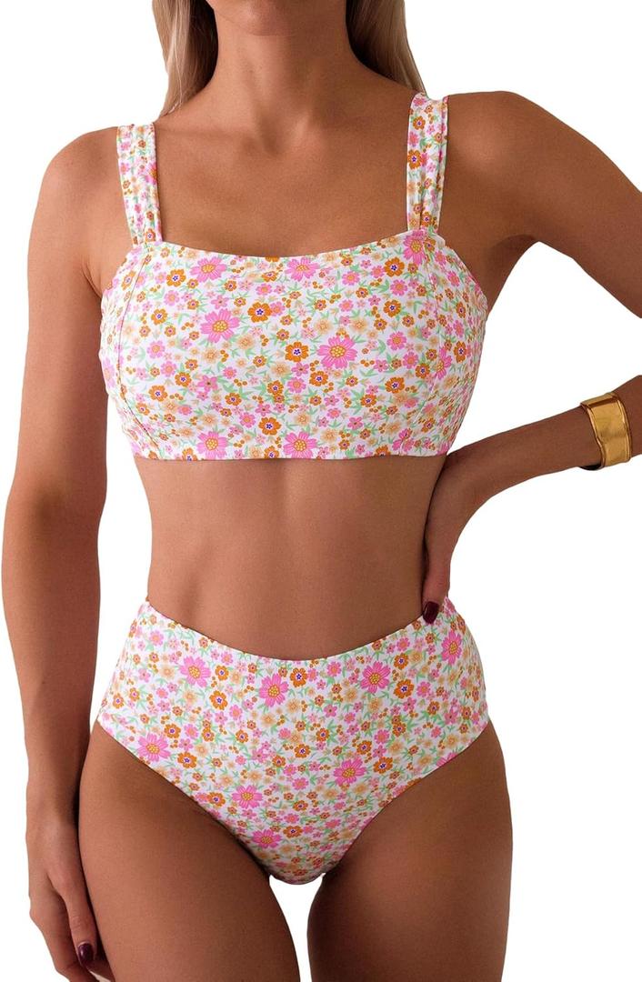 Fanuerg Women's High Waisted Bikini Sets Wide Straps Two Piece Swimsuit Floral Print Bathing Suits (White, L)