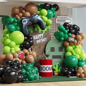 Video Game Theme Birthday Party Decorations,Green and Brown Balloon Garland Arch Kit,Green and Black Balloons with Game Controller Foil Balloon for Pixel Game Party Birthday Baby Shower Backdrop