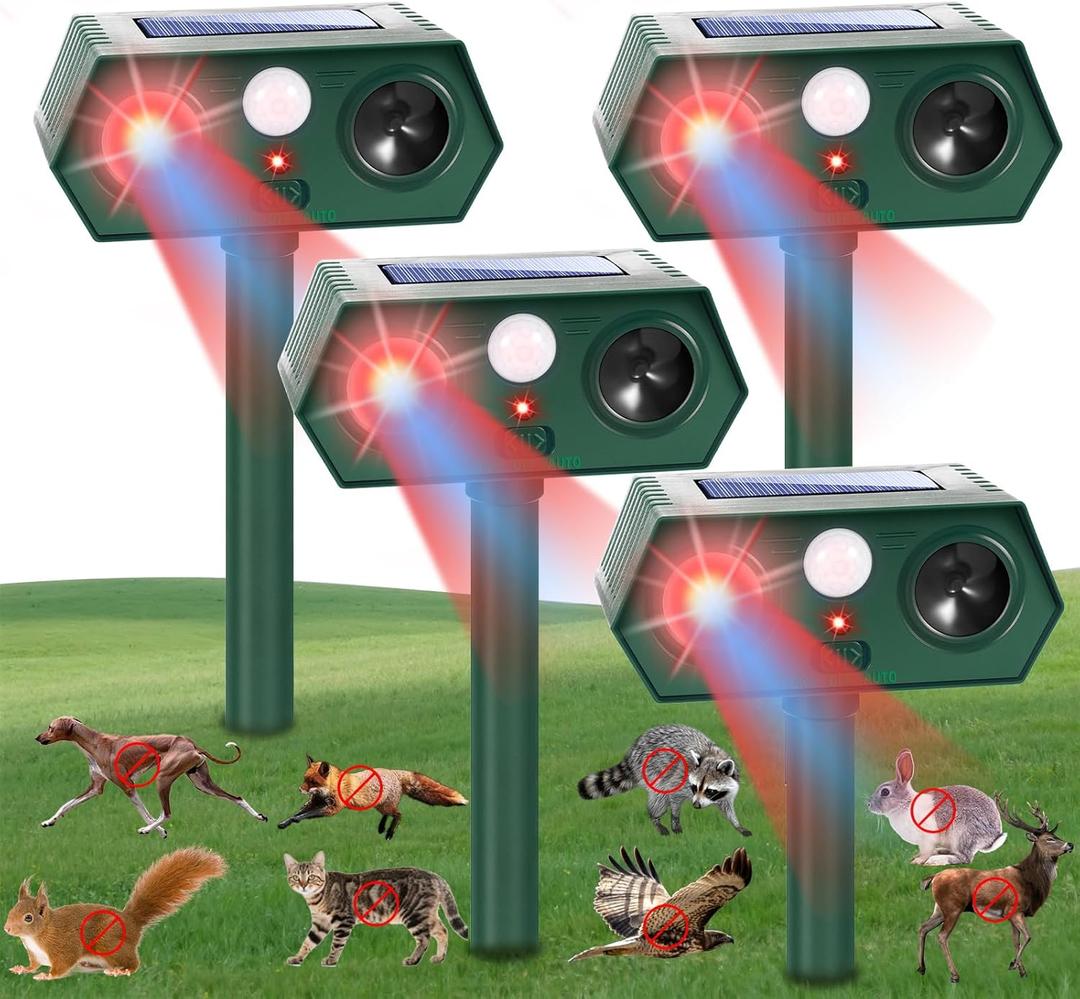 4Pack Solar Ultrasonic Animal Repeller with Red&Blue Light for Gardens, Farms and Courtyards, Outdoor Sonic Fortress Pro Deterrent for Deer, Raccoons, Squirrels, Cats, Rabbits, Skunks, Foxes & More