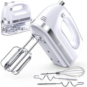 Hand Mixer Electric, 400W Food Mixer 5 Speeds Handheld Blender, 5 Stainless Steel Accessories, Storage Box, Kitchen Blender with Cord for Cream, Cookies, Dishwasher Safe, White