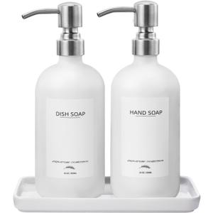 Kitchen Soap Dispenser Set with Ceramic Tray, 16.9oz Glass Dish Soap Dispenser with 12 Waterproof Labels and Stainless Steel Pump, Hand Soap Dispenser for Kitchen Bathroom Farmhouse (White Bottles + Silver Pump)