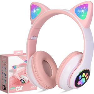 TCJJ Kids Wireless Headphones - Cat Ear LED Light Up, Bluetooth 5.4, Safe Volume Limit, Noise Cancelling with Mic & TF Card for Girls Boys Toddlers School (Pink)