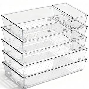 8 Pack Large Clear Plastic Drawer Organizer Bins - Acrylic Bathroom Drawer Organizer Trays - Heavy Duty Kitchen Drawer Dividers for Utensils - Non-Slip Storage Bins for Makeup, Bedroom, Office Desk