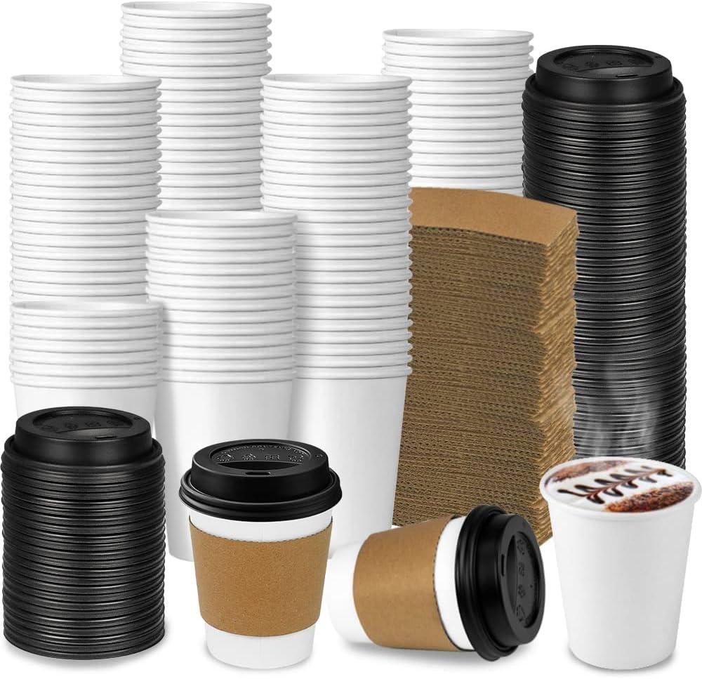 Ginkgo 100-Pack 8 oz Thickened Disposable Coffee Cups with Lids and Sleeves, To Go Cups for Hot Beverages, Perfect for Hot Coffee, Cocoa, and Chocolate