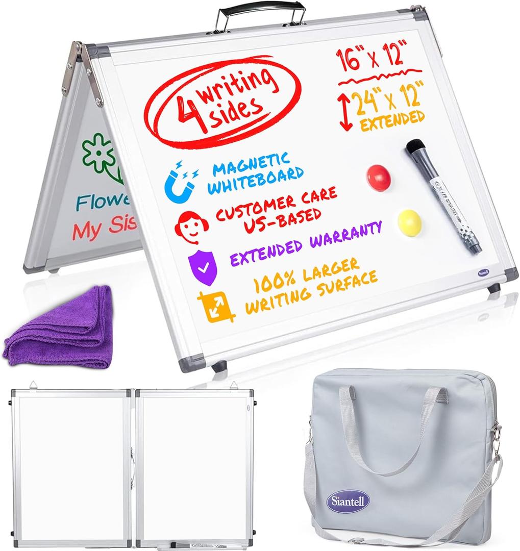 Small Dry Erase White Board  Magnetic Desktop Whiteboard - 16x12 inch 4 Sides Portable Whiteboard for Kids - Tabletop Mini Easel with Cover Bag for Office Desk, Students, Teachers (Silver)