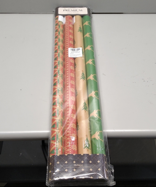 LaRibbons Kraft Christmas Wrapping Paper Set, 30 Inch X 10 Feet (4 Rolls: 100 Sq. Ft. Ttl) Snowflake, Green Tree, Deer Antlers and Gift Box Shapes Design for Xmas, Party, Holiday, Celebration