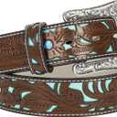 INOGIH Adjustable-Vintage-Western-Cowboy-Belt Women Men - Cowboy-Style Engraved-Buckle Belt for Jeans Pants Dresses (One_Size, Brown/Blue40''l/1.38''w)