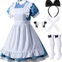 Wannsee Japanese Anime 6Pcs Lolita French Maid Apron Fancy Dress Cosplay Costume Gloves Headwear Socks set(Blue 2XL) (XX-Large, 6pcs-Blue)