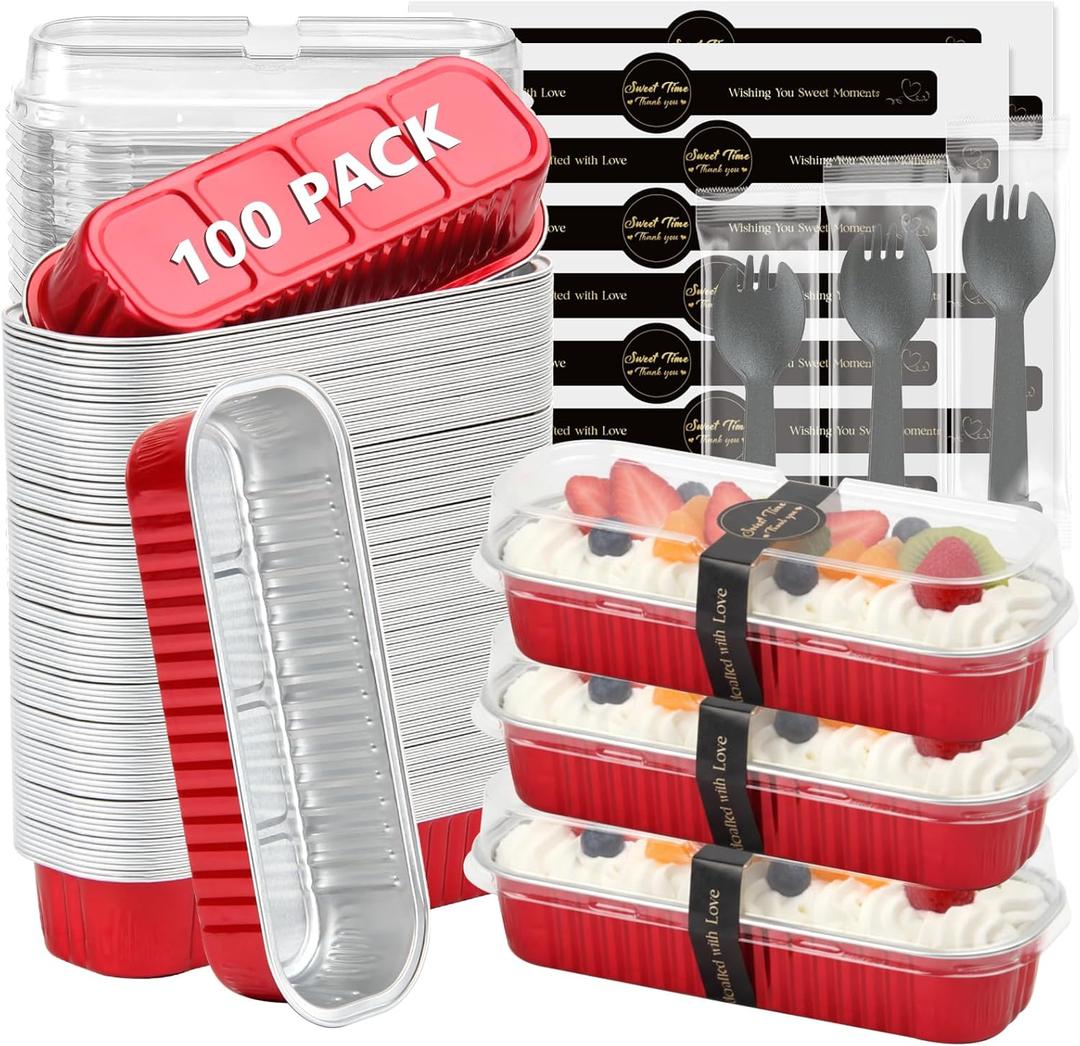 Ruckae 100 Pack Mini Loaf Pans with Lids and Spoons Stickers Disposable Aluminum Tin Foil Pans Rectangle Mini Loaf Cake Pan for Baking,Party,Picnics,Gifts(Red)